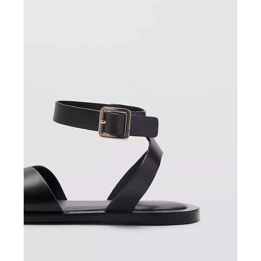 MNG by Mango Leather Gladiator Flat Sandals black Buckle Strap 39 8.5-9 NEW - Picture 9 of 12